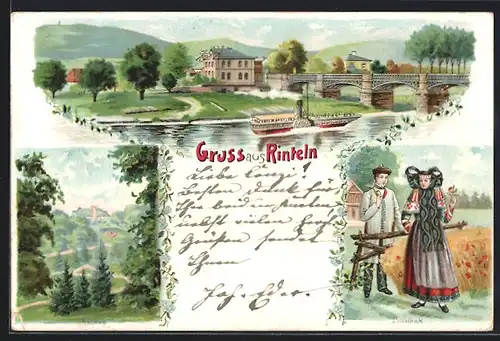 Lithographie Rinteln, Arensburg, Schaufelraddampfer, Brücke, Landestracht, Private Stadtpost