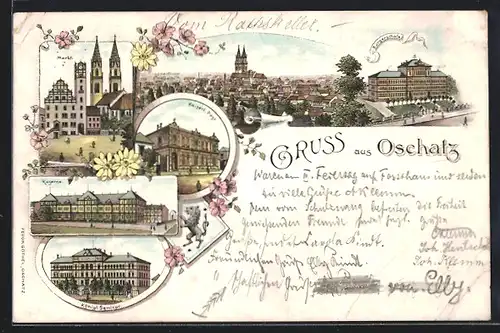 Lithographie Oschatz, Markt, Kaiserl. Post, Bürgerschule, Königl. Seminar, Kaserne