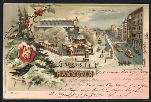 Winter-Lithographie Hannover, Georgstrasse mit Strassenbahnen, Wappen, Ebereschenzweig, Vogel - Weihnachtsgruss