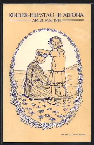 AK Hamburg-Altona, Blumentag und Kinderhilfs-Tag 1911, Mädchen mit Blumenkranz auf der Wiese