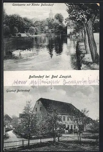 AK Ballendorf, Gasthof Ballendorf, Teichpartie mit Kirche