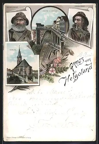 Vorläufer-Lithographie Helgoland, 1894, Treppe und Aufzug, Kirche, Helgoländer