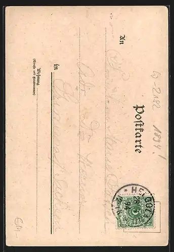 Vorläufer-Lithographie Helgoland, 1894, Treppe und Aufzug, Kirche, Helgoländer