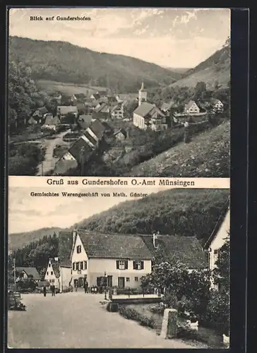 AK Gundershofen, Gemischtes Warengeschäft von Math. Günter, Ortsansicht