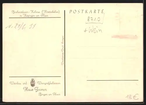 AK Kitzingen a. Main, Weinbau und Weingrosskellereien Haus Fromm, Boxbeutelwein-Kellerei, Klosterkeller