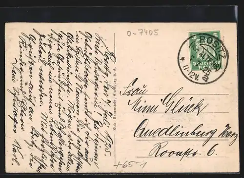 AK Rositz /S.-A., Schule, Bahnhof, Kirche