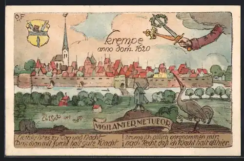 Künstler-AK Krempe, Teilansicht 1620, Hand mit Schwert, Wappen