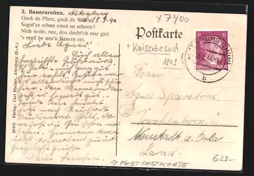 Künstler-AK Altenburg, Festpostkarte zum Besuch Sr. Majestät des Kaisers in der Stadt 1909, Bauernreiten