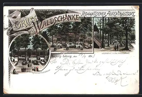 Lithographie Leipzig-Lösnig, Gasthaus Waldschänke, Wirtschaftsgebäude, Gesellschaftssaal, Waldpartie