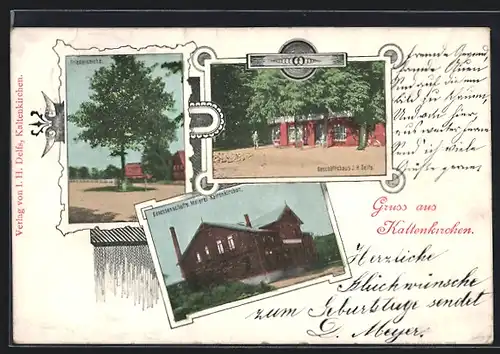 AK Kaltenkirchen, Genossenschafts-Meierei, Geschäftshaus J. H. Delfs, Friedenseiche