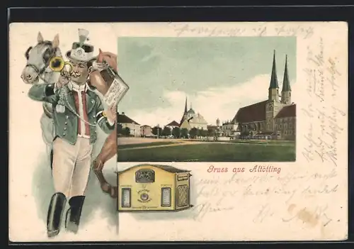 AK Altötting, Postkutscher mit Brief und Horn, Brunnen auf dem Marktplatz