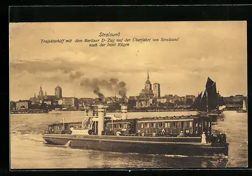 AK Stralsund, Trajektschiff mit dem Berliner D-Zug auf der Überfahrt von Stralsund nach der Insel Rügen
