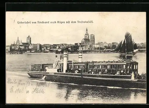 AK Stralsund, Überfahrt von Stralsund nach Rügen mit Trajectschiff