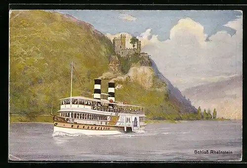 Künstler-AK Rheindampfer fährt am Schloss Rheinstein vorbei