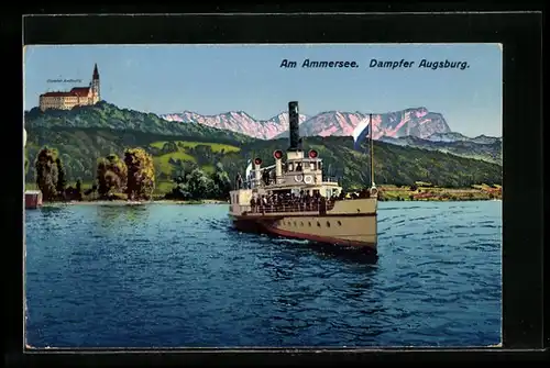 AK Dampfer Gisela auf dem Ammersee, Blick zum Kloster Andechs