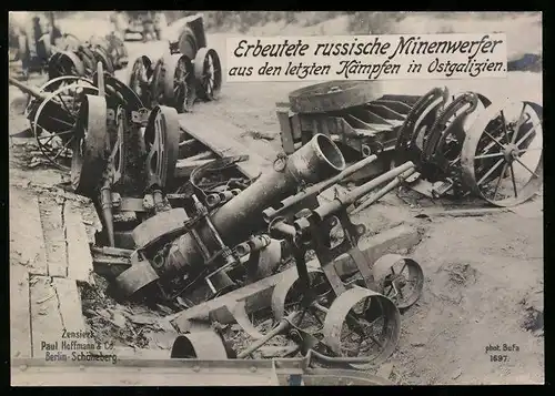 Riesen-AK 1.WK, Ostgalizien, erbeutete russische Minenwerfer aus den letzten Kämpfen