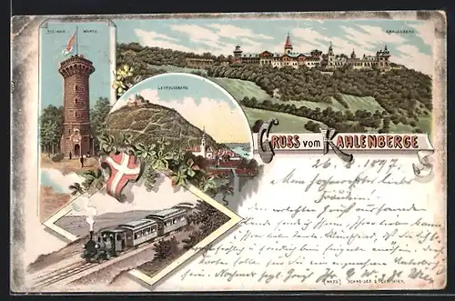 Lithographie Wien-Kahlenberg, Stefanie-Warte, Leopoldsberg und Bergbahn