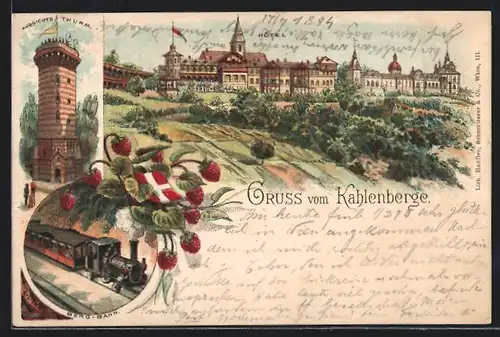 Vorläufer-Lithographie Wien-Kahlenberg, 1894, Hotel, Aussichtsthurm, Berg-Bahn