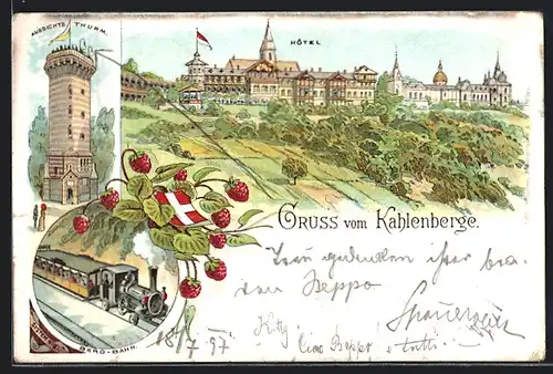 Lithographie Wien-Kahlenberge, Hotel, Aussichtsturm, Berg-Bahn