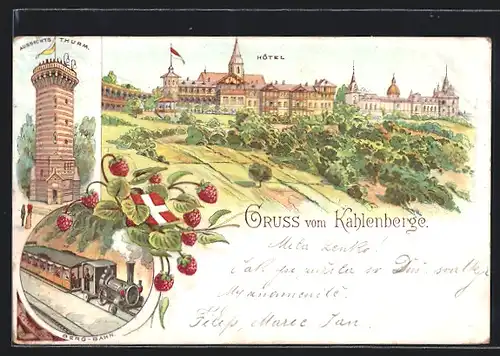 Lithographie Wien-Kahlenberg, Bergbahn, Aussichtsturm und Hotel
