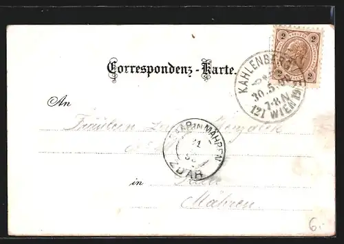 Lithographie Wien-Kahlenberg, Bergbahn, Aussichtsturm und Hotel