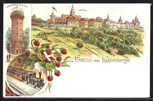 Lithographie Wien-Kahlenberg, Bergbahn, Aussichtsturm und Hotel