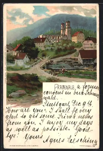 Künstler-AK K. Mutter: Frauenalb, Blick zum Ort mit Kirche