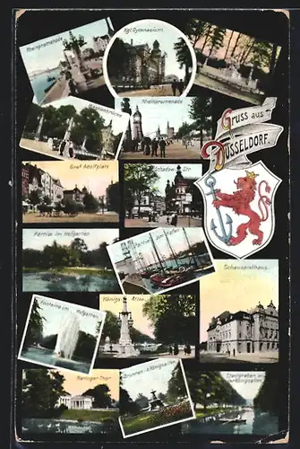 AK Düsseldorf, Kgl. Gymnasium, Schauspielhaus, Partie im Hafen