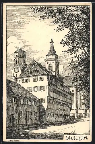 Künstler-AK Stuttgart, Amtsgebäude im Ort