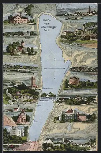 AK Starnberg, Umgebungskarte mit Starnberger See, Tutzing