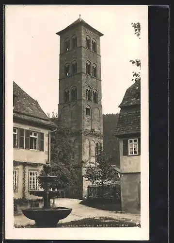 AK Hirsau, Kloster Hirsau, Eulenturm vorm Klosterkirchturm mit Brunnen