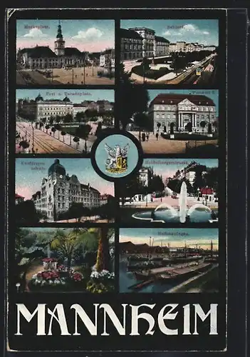 AK Mannheim, Marktplatz, Schloss, Post und Paradeplatz, Wappen