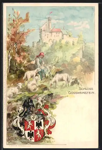 AK Gössweinstein, Schloss, Hirtin mit Schafen, Wappen