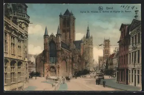 AK Gand, Eglise St. Nicolas, le Beffroi et l`Eglise St. Bavon