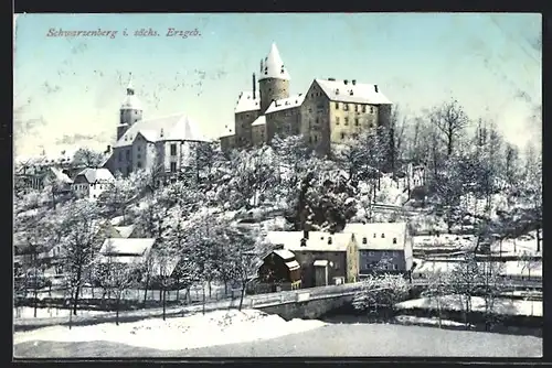 AK Schwarzenberg, winterliche Ortsansicht mit Kirche u. Burg