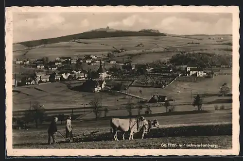 AK Seiffen, Ortsansicht mit Schwartenberg, Ochsengespann