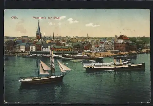 AK Kiel, Panorama der Stadt mit Dampfer