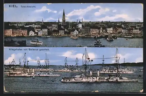 AK Kiel, Total-Ansicht, Kriegsschiffe im Kriegshafen von Bellevue gesehen
