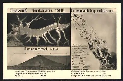 AK Bremen, Sösewerk u. Sösetalsperre, Dammquerschnitt, Fernwasserleitung nach Bremen