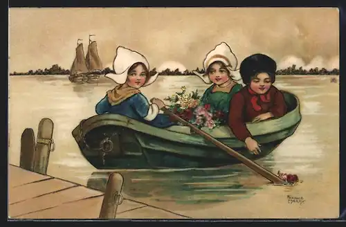 Künstler-AK Florence Hardy: Drei Mädchen mit Blumen auf einem Ruderboot