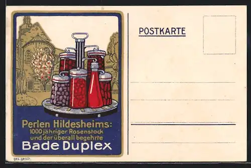 AK Hildesheim, Illustration 1000jähriger Rosenstock, Medikament Bade Duplex