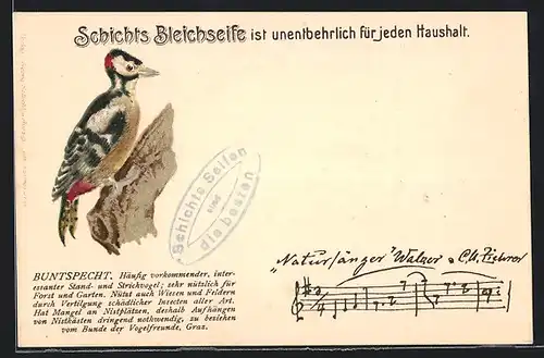 AK Buntspecht am Ast, Reklame für Schicht`s Bleichseife