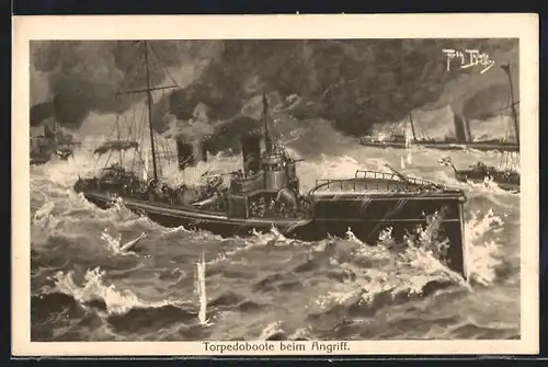 Künstler-AK Arthur Thiele: Kriegsschiff Torpedoboote beim Angriff