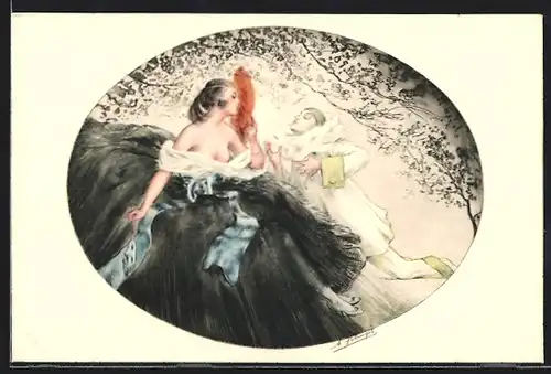AK Pierrot und Dame im langen Kleid, Art Deco