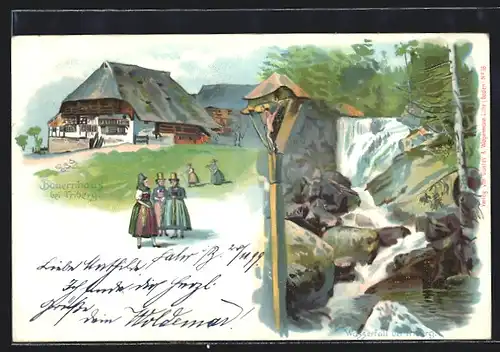 Lithographie Triberg, Bauernhaus, Wasserfall mit Flurkreuz