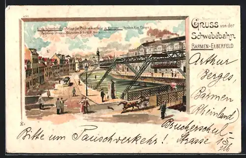 Lithographie Elberfeld, Schwebebahn mit Stadtpartie und Strassenbahn