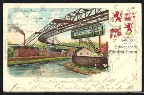 Lithographie Elberfeld, Schwebebahn durchquert ein Industriegelände