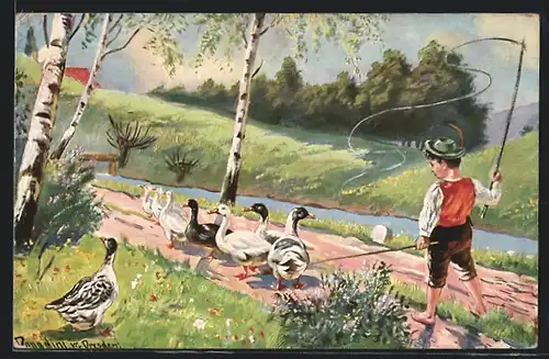 AK Junge und Gänse am Fluss, Pfingstgruss
