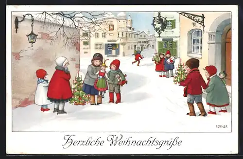 Künstler-AK Pauli Ebner: Weihnachtsgruss - Kinder mit Tannenbäumchen