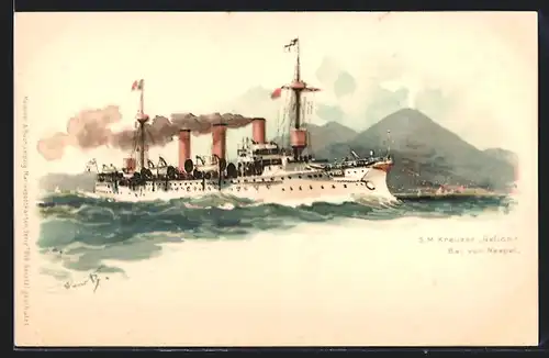 Künstler-AK Hans Bohrdt: Das Kriegsschiff S. M. Kreuzer Gefion, Bai von Neapel